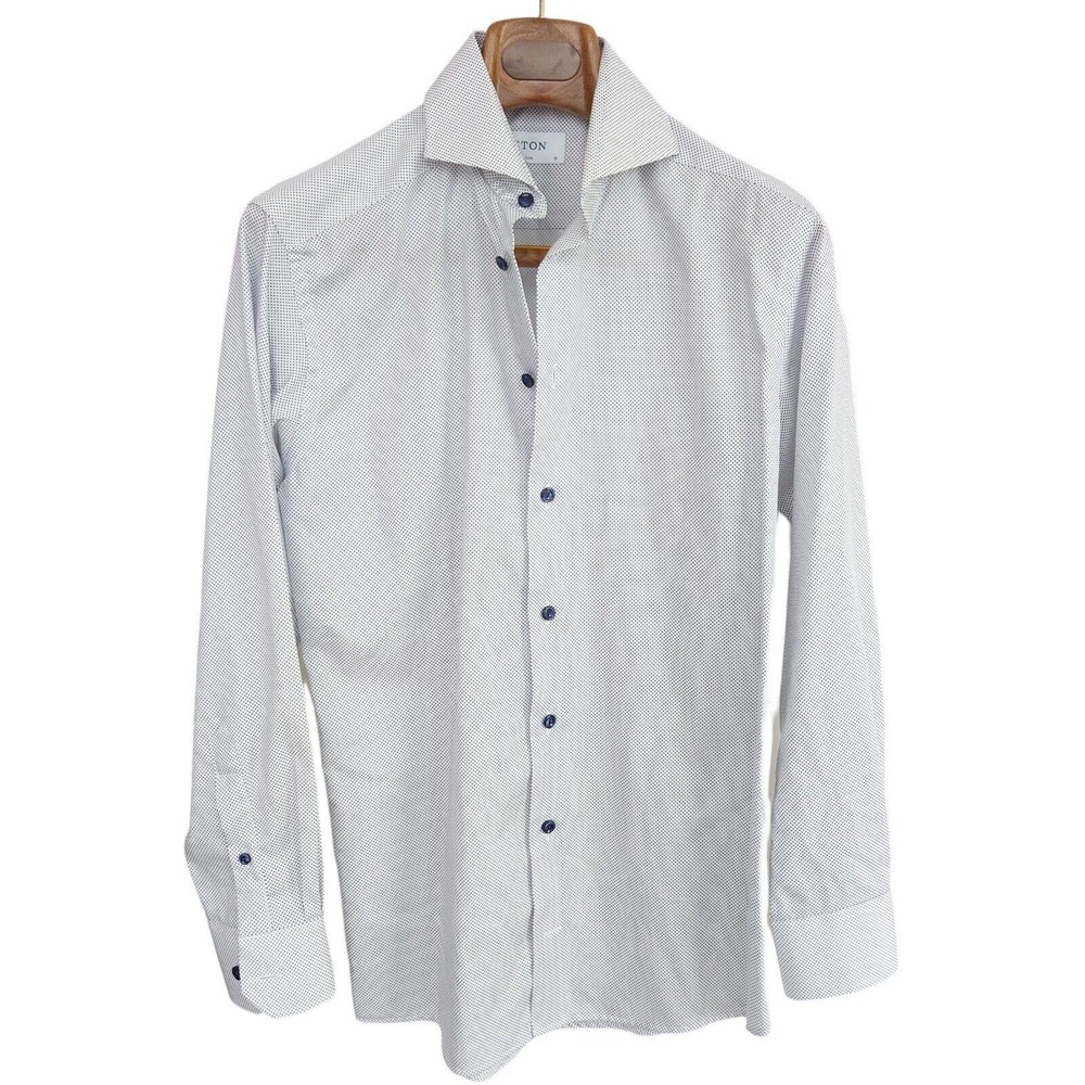 ETON Men's Slim Fit Button Down Shirt Signature Twill White / Blue Polka Dot 15
